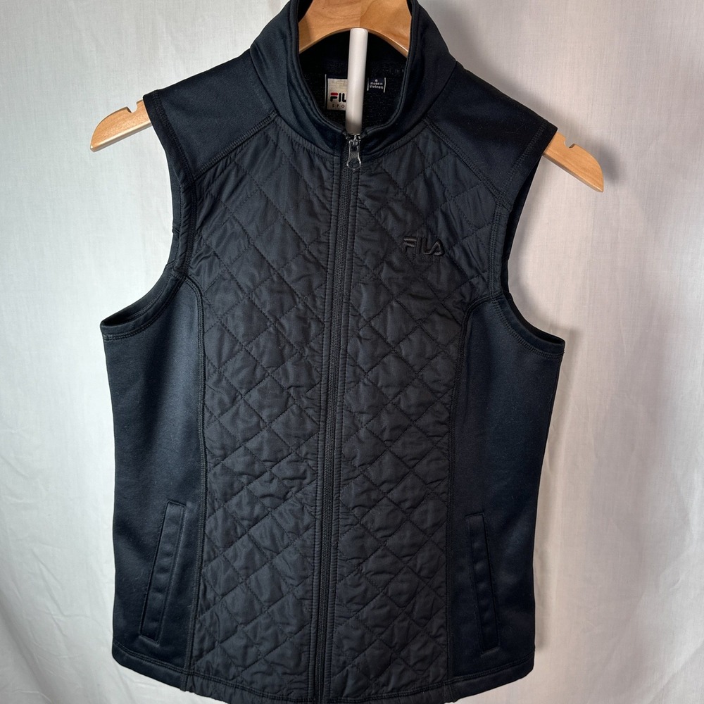 Fila Sport Womens Black Quilted Full Zip Fleece Lined Athletic Vest Small